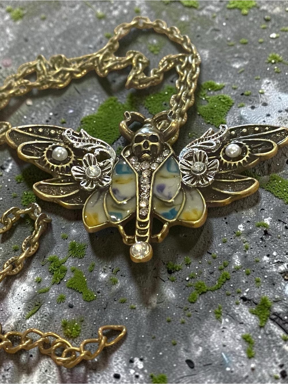 🆕 Death’s Head Hawkmoth - Pendant - Bronze Necklace - Enamel & Crystal Accents